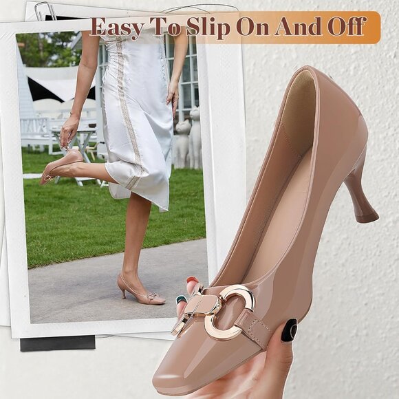 Women's Nude Closed Square Toe Pump Low Kitten Heel Comfortable Dress Pump Shoes - Picture 5 of 7